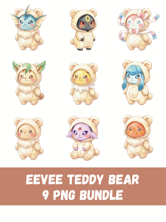 Eeveelutions Teddy Bear Costumes PNG Pack, 9 Eevee Evolutions, Chibi Kawaii Clipart, Cute Plush Outfits, Digital Download
