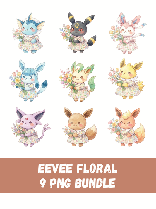 Eeveelutions Spring Floral Dress PNG Bundle, Watercolor Pokémon Clipart, Cute Kawaii Spring PNG, Pastel Flower Digital Download