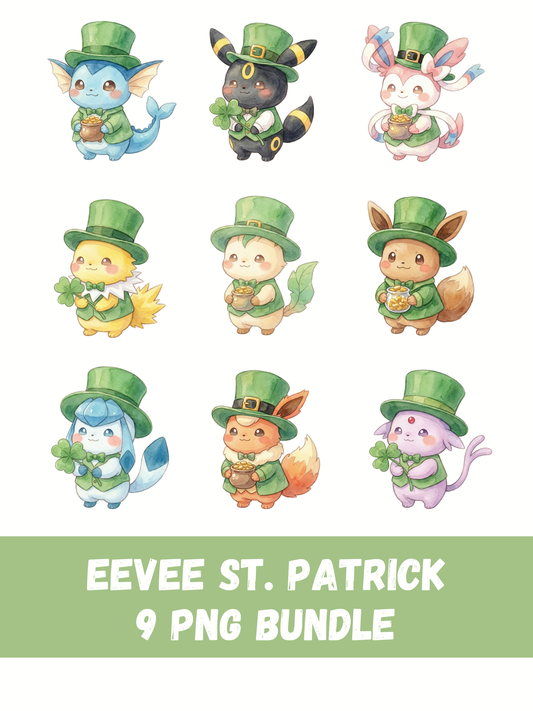 Eeveelutions St Patrick’s Day PNG Bundle, Leprechaun Pokémon Clipart, Cute Watercolor Kawaii Shamrock PNG, Irish Holiday Digital Download