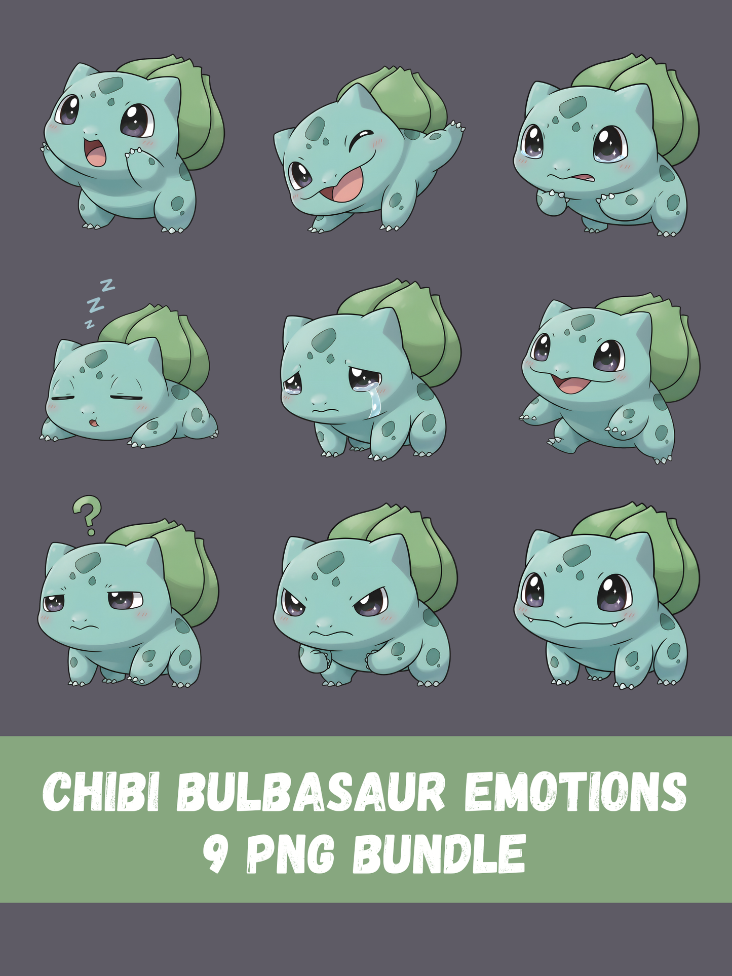 Kawaii Bulbasaur Chibi Emotion PNG Clipart Bundle (Digital Download)