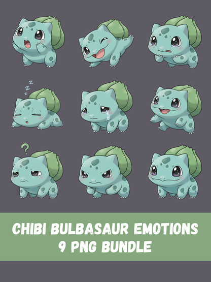 Kawaii Bulbasaur Chibi Emotion PNG Clipart Bundle (Digital Download)