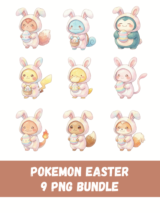 Gen 1 Easter Pokémon PNG Bundle, 9 Cute Kawaii Clipart Designs, Watercolor Easter Bunny PNG, Spring Pokémon Digital Download