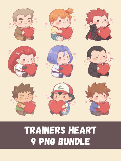 Pokémon Trainers Love PNG Pack, 9 Popular Trainers, Chibi Cute Kawaii Clipart, Valentine Hearts, Anime PNG, Digital Download