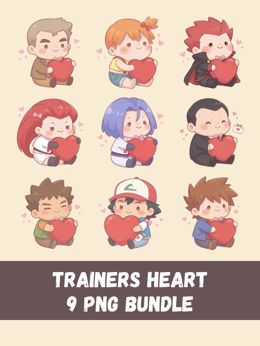 Pokémon Trainers Love PNG Pack, 9 Popular Trainers, Chibi Cute Kawaii Clipart, Valentine Hearts, Anime PNG, Digital Download