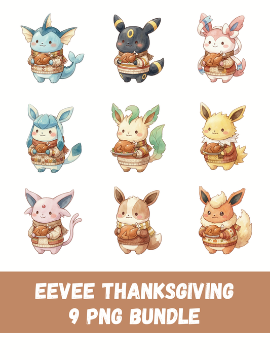 Eevee Thanksgiving PNG, Cute Eevee Holding Turkey Clipart, Kawaii Watercolor Fall Digital Download