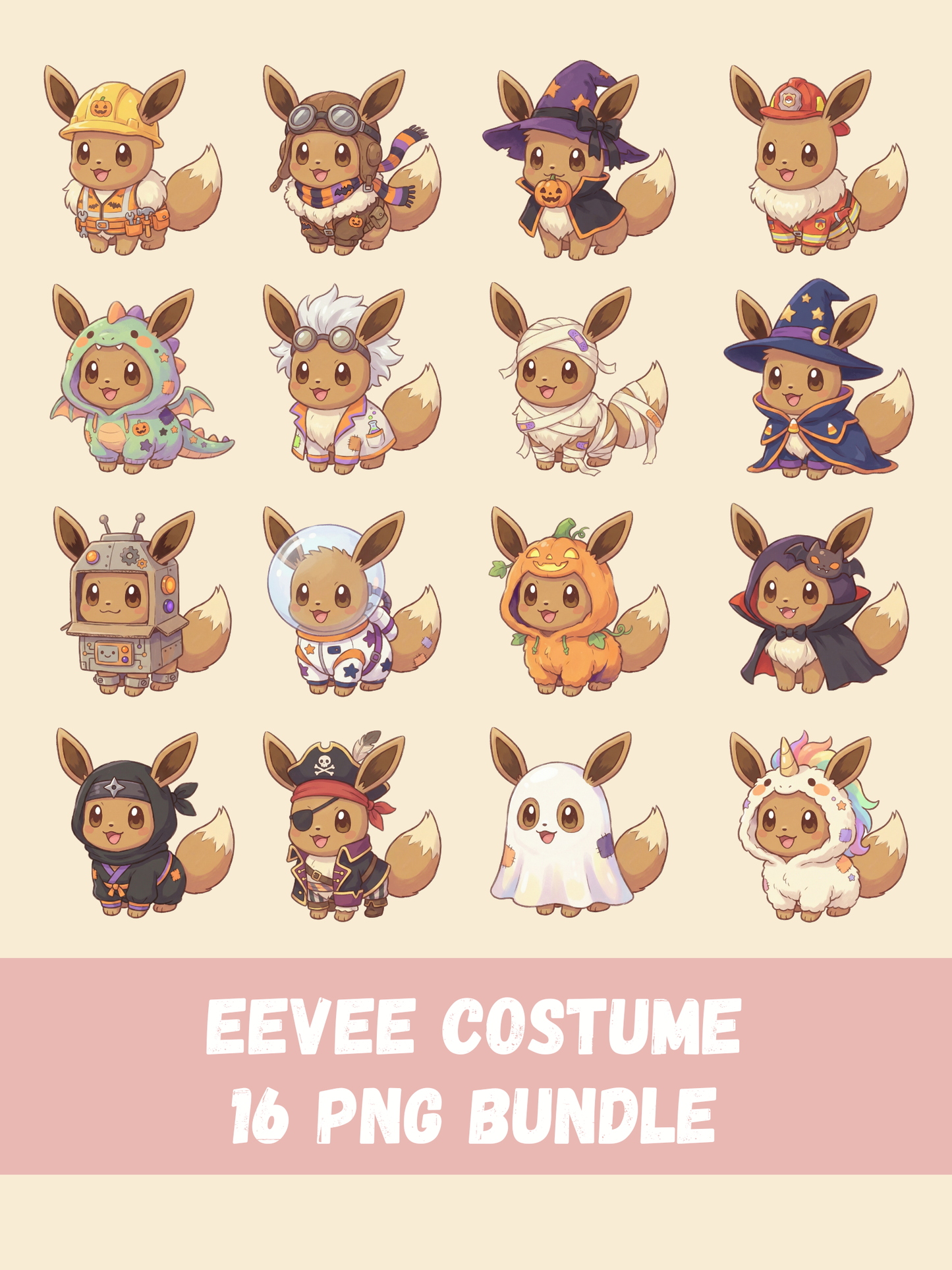 Eevee Costume PNG Pack, 16 Eevee Costumes, Chibi Cute Kawaii Clipart, Dress Up Outfits, Anime PNG, Digital Download