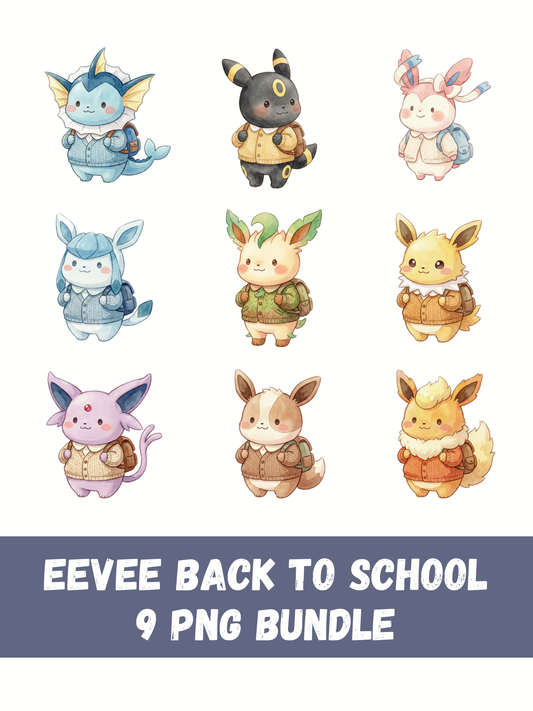 Eeveelutions Back To School PNG Bundle, School Outfit Pokémon Clipart, Cute Watercolor Kawaii PNG, Digital Download