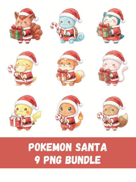 Gen 1 Christmas Pokémon PNG Bundle, Santa Pokémon Clipart, Watercolor Kawaii Christmas PNG, Holiday Digital Download