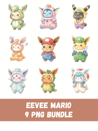 Eevee Evolutions Mario PNG Pack, 9 Eevee Evolutions, Chibi Kawaii Clipart, Game Costumes, Video Game, Digital Download