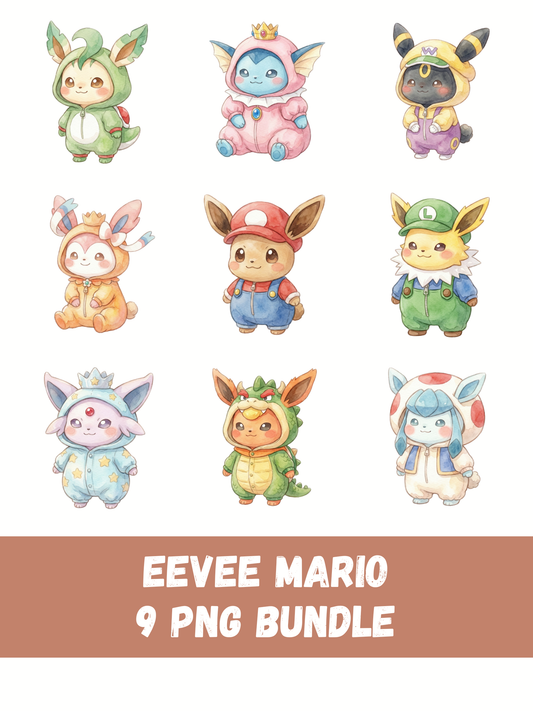 Eevee Evolutions Mario PNG Pack, 9 Eevee Evolutions, Chibi Kawaii Clipart, Game Costumes, Video Game, Digital Download
