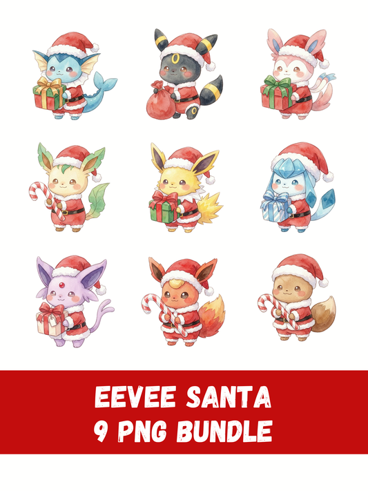 Eeveelutions Santa PNG Bundle, Christmas Pokémon Clipart, Cute Watercolor Kawaii Santa PNG, Holiday Digital Download