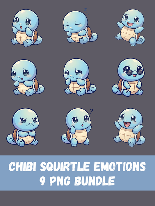 Pokémon Squirtle Chibi Emotion PNG Bundle, 9 Cute Squirtle Expressions, Kawaii Pokémon Clipart, Digital Download