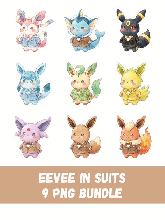 Eeveelutions In Suits PNG Bundle, Business Outfit Pokémon Clipart, Cute Watercolor Kawaii PNG, Digital Download