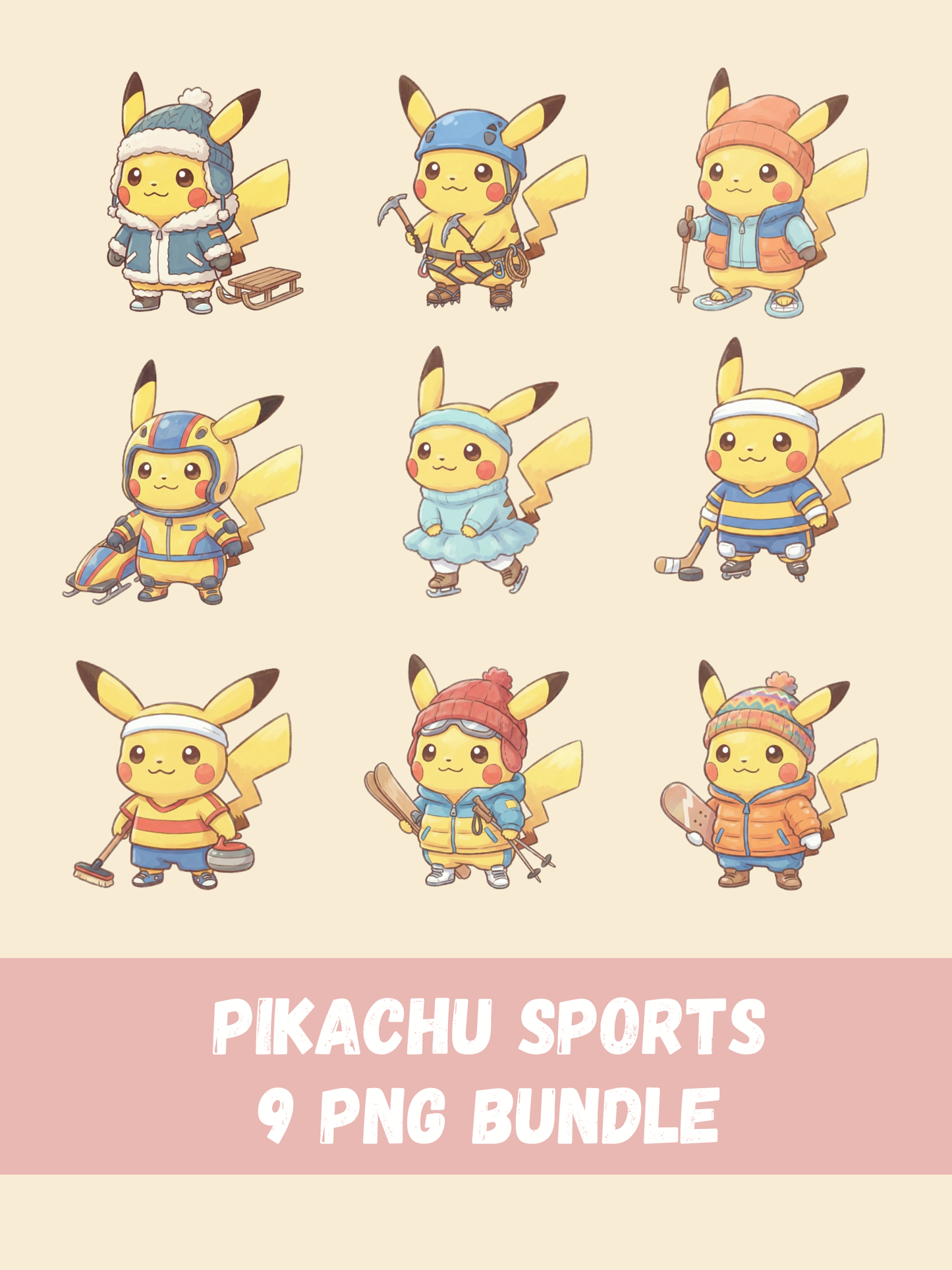 Pikachu Winter Sports PNG Pack, 9 Pikachu Sports, Chibi Cute Kawaii Clipart, Winter Athlete Outfits, Anime PNG, Digital Download