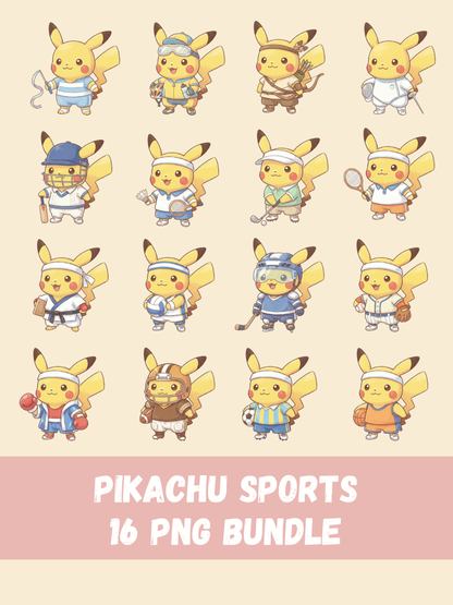 Pikachu Playing Sports PNG Pack, 16 Pikachu Sports, Chibi Cute Kawaii Clipart, Athlete Outfits, Anime PNG, Digital Download