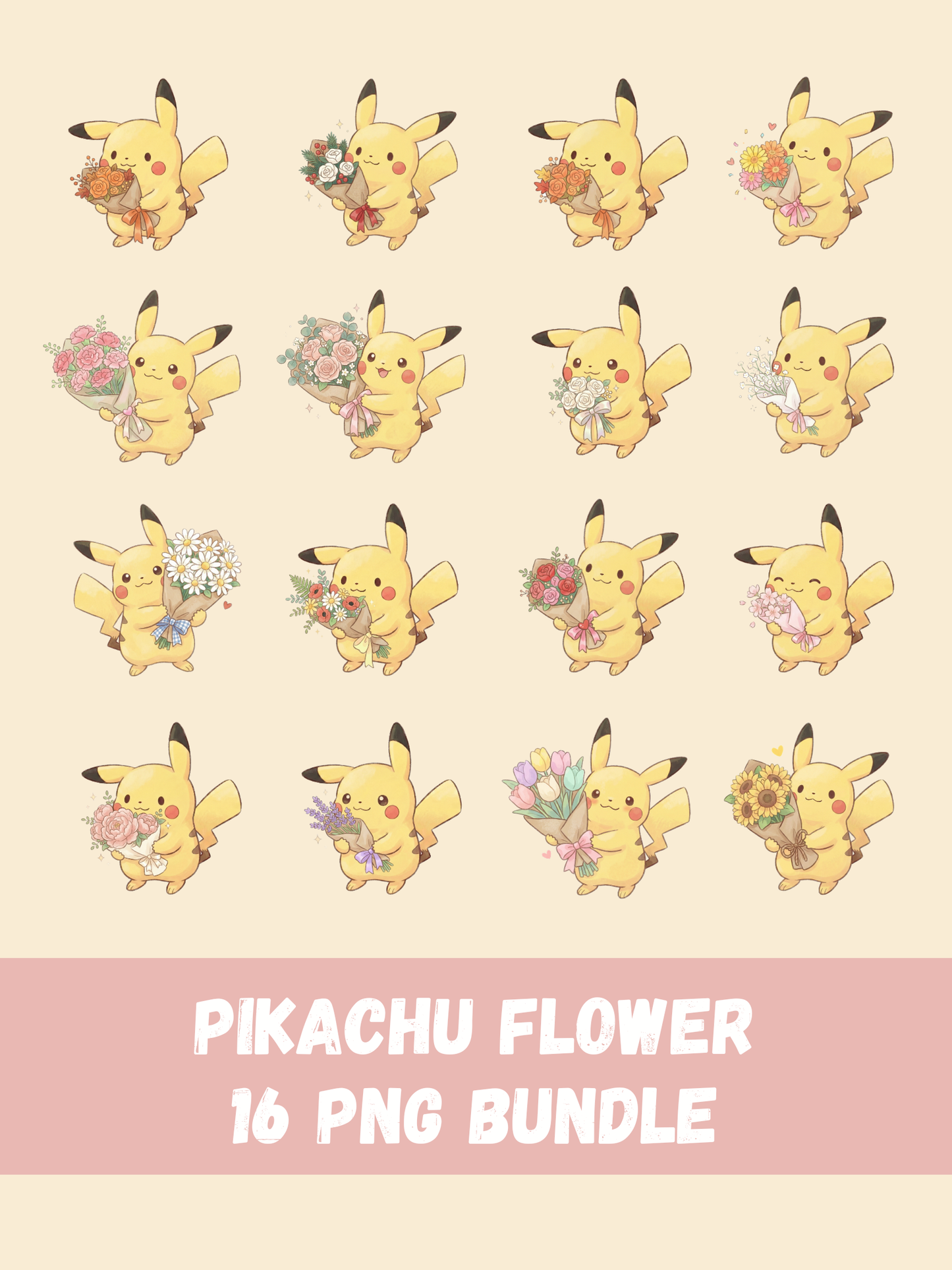 Pikachu Holding Bouquets PNG Pack, 16 Cute Pikachu Poses, Chibi Kawaii Clipart, Flower Bouquet PNG, Anime PNG, Digital Download