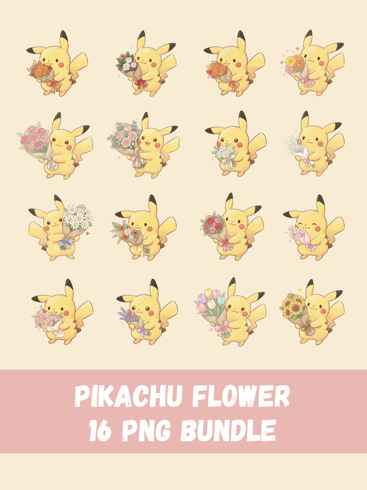 Pikachu Holding Bouquets PNG Pack, 16 Cute Pikachu Poses, Chibi Kawaii Clipart, Flower Bouquet PNG, Anime PNG, Digital Download