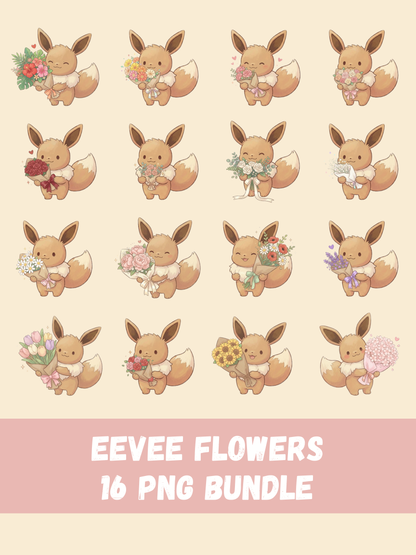 Eevee Holding Bouquets PNG Pack, 16 Cute Eevee Poses, Chibi Kawaii Clipart, Flower Bouquet PNG, Anime PNG, Digital Download