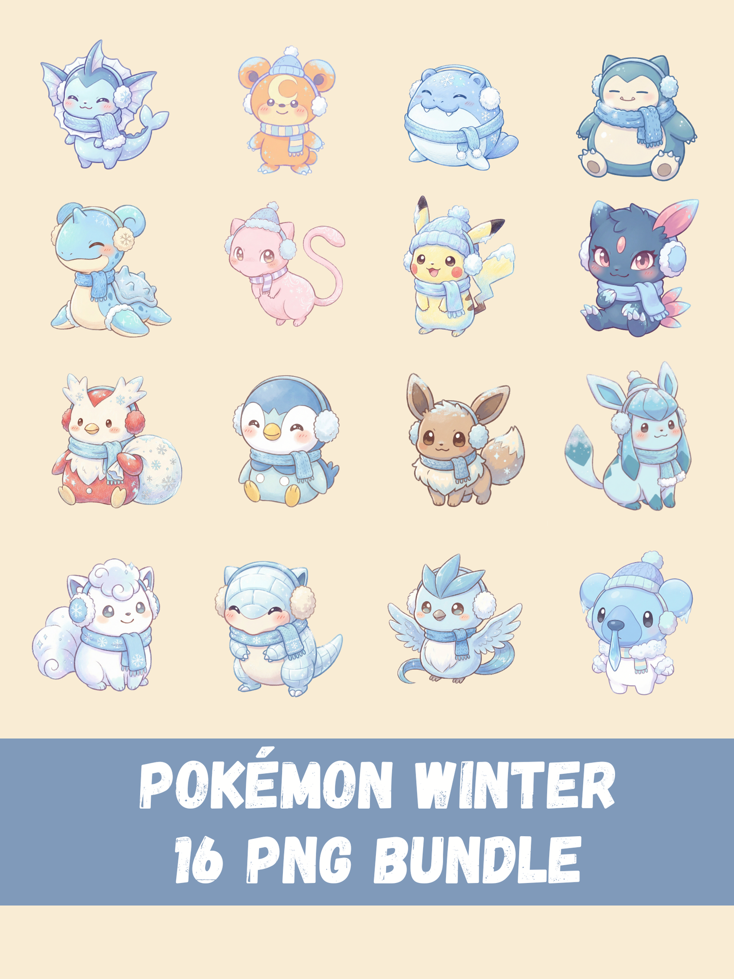 Winter Pokémon PNG Bundle, 16 Chibi Cute Kawaii Clipart, Cozy Snow Pokemon PNG, Anime Digital Download, Sublimation Sticker Art