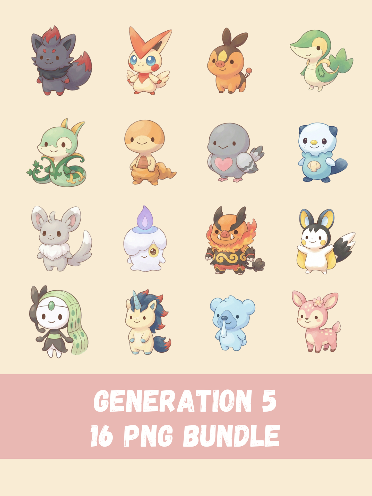 Popular Gen 5 Pokémon PNG Pack, 16 Fan Favorite Unova Pokémon, Chibi Cute Kawaii Clipart, Anime PNG, Digital Download
