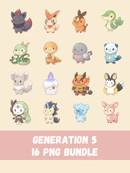 Popular Gen 5 Pokémon PNG Pack, 16 Fan Favorite Unova Pokémon, Chibi Cute Kawaii Clipart, Anime PNG, Digital Download
