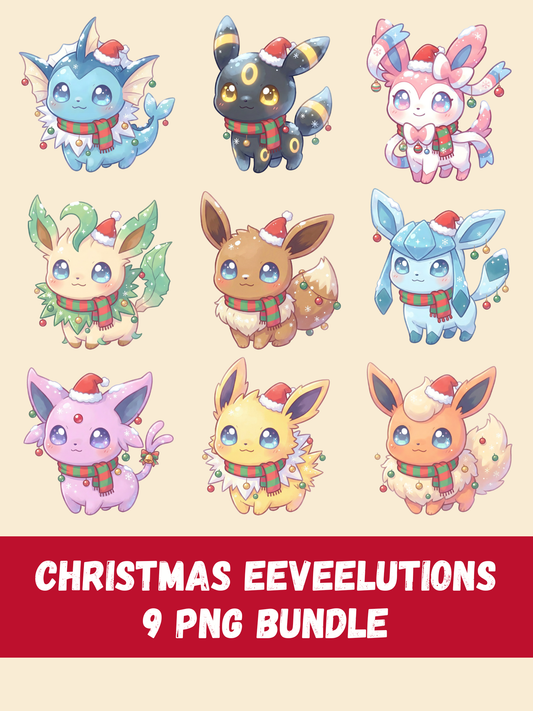 Christmas Eeveelutions PNG Bundle, Chibi Kawaii Holiday Clipart (Digital Download)