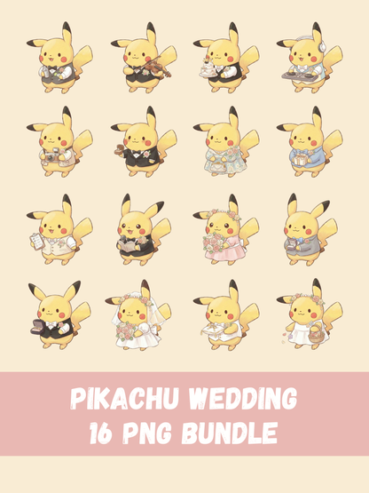 Pikachu Wedding PNG Pack, 16 Pikachu Designs, Chibi Cute Kawaii Clipart, Bride And Groom Outfits, Anime PNG, Digital Download