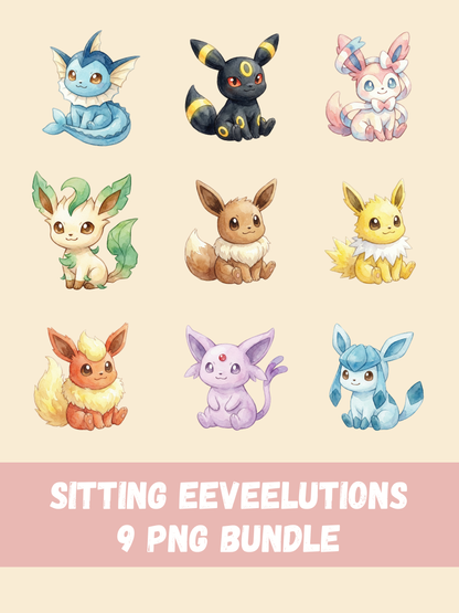 Watercolor Eeveelution Clipart, Chibi Kawaii PNG Bundle (Digital Download)
