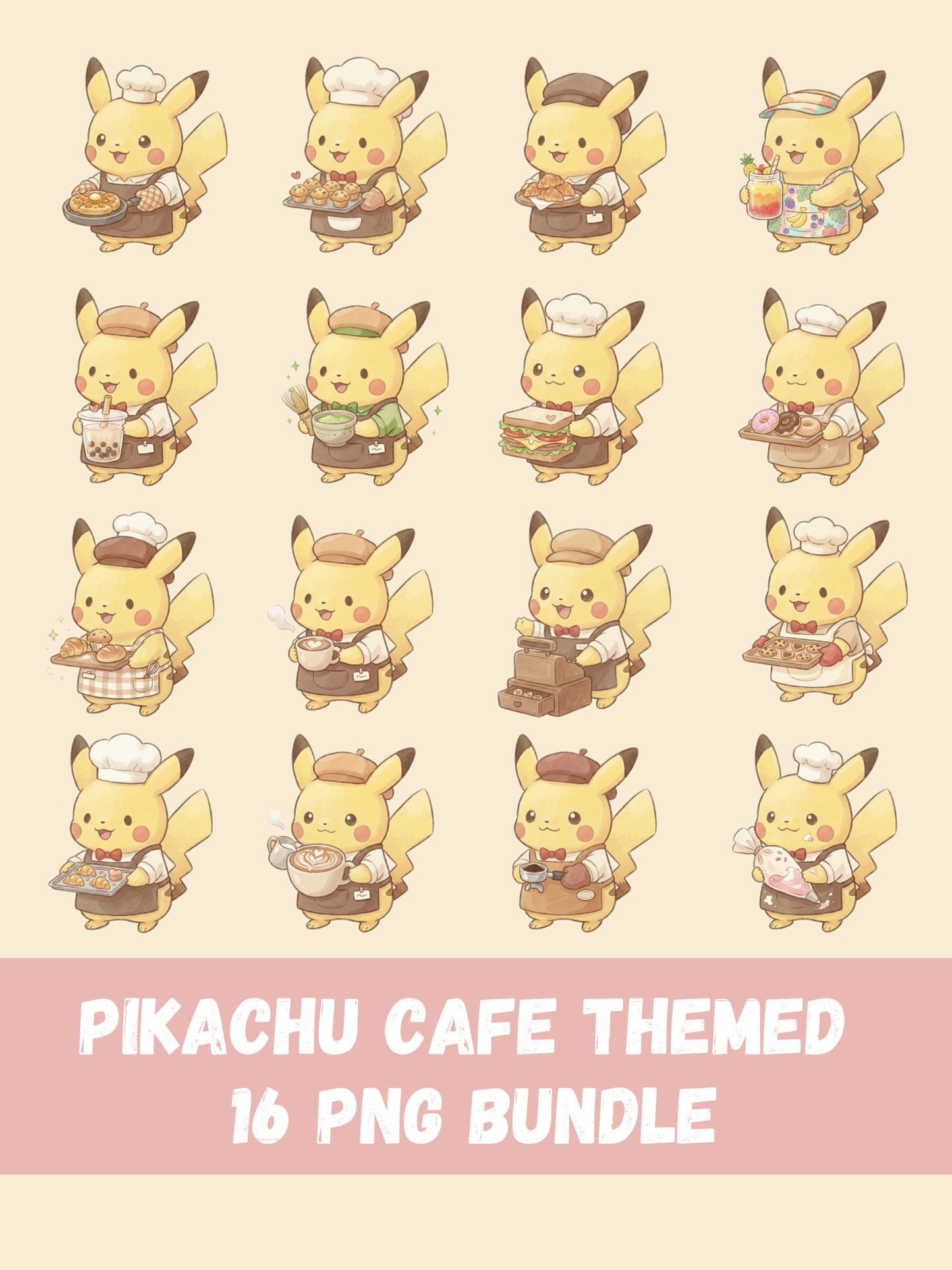 Pikachu Cafe Theme PNG Pack, 16 Pikachu Designs, Chibi Cute Kawaii Clipart, Coffee And Pastry Shop, Anime PNG, Digital Download