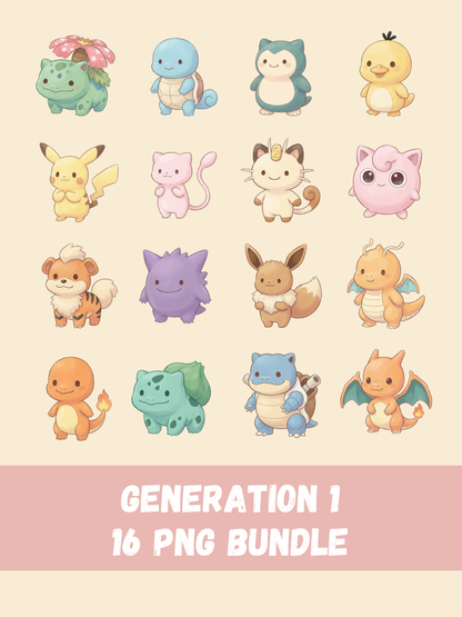 Popular Gen 1 Pokémon PNG Pack, 16 Fan Favorite Kanto Pokémon, Chibi Cute Kawaii Clipart, Anime PNG, Digital Download