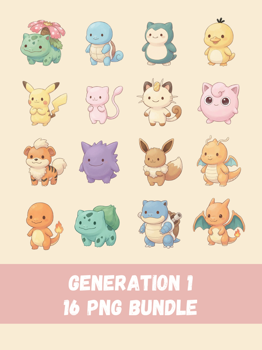Popular Gen 1 Pokémon PNG Pack, 16 Fan Favorite Kanto Pokémon, Chibi Cute Kawaii Clipart, Anime PNG, Digital Download