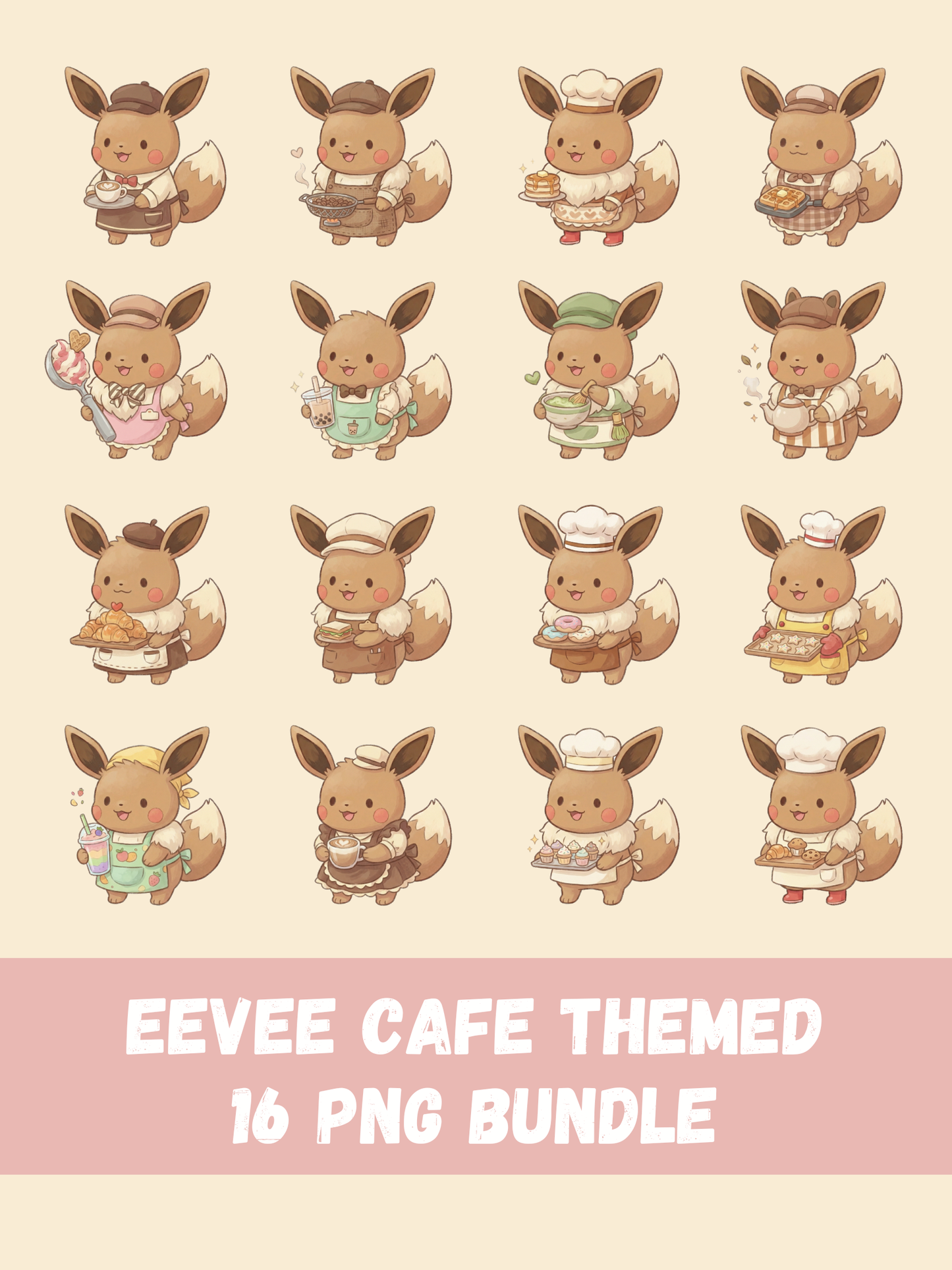 Eevee Cafe Theme PNG Pack, 16 Eevee Designs, Chibi Cute Kawaii Clipart, Coffee And Pastry Shop, Anime PNG, Digital Download