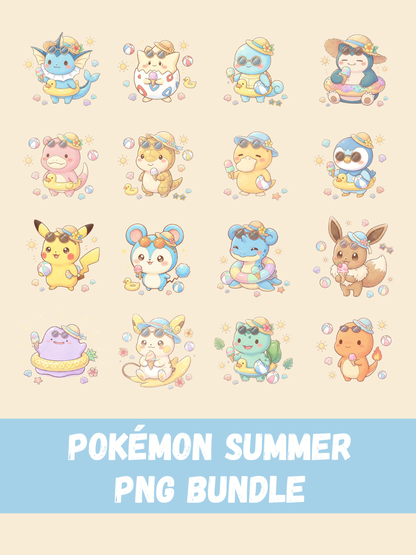 Summer Chibi Pokemon PNG Bundle, 16 Cute Pencil Crayon Style Designs, Kawaii Clipart, Transparent PNG, Instant Download