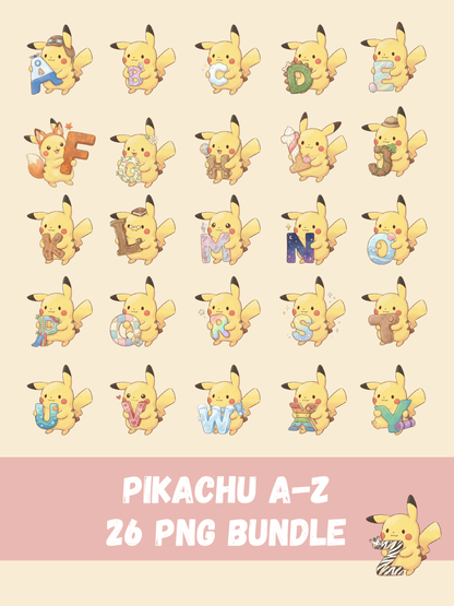Pikachu A-Z Alphabet PNG Pack, 26 Letter Clipart Set, Chibi Cute Kawaii Pikachu, ABC Learning, Digital Download