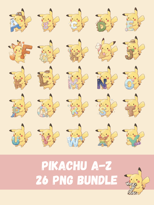 Pikachu A-Z Alphabet PNG Pack, 26 Letter Clipart Set, Chibi Cute Kawaii Pikachu, ABC Learning, Digital Download
