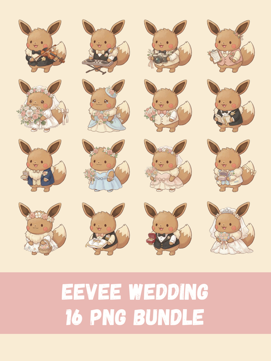 Eevee Wedding PNG Pack, 16 Wedding Eevee Designs, Chibi Cute Kawaii Clipart, Bride Groom Floral Bouquet, Anime PNG, Digital Download