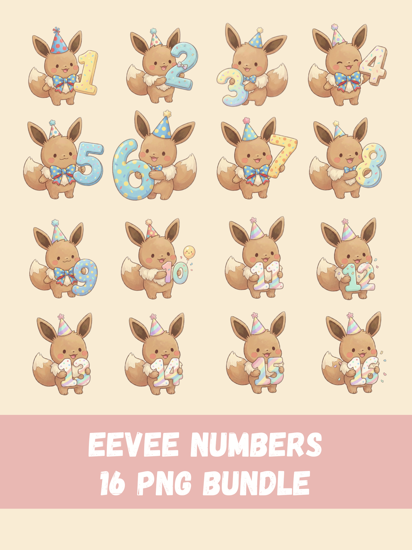Eevee Numbers PNG Pack (1 To 16), 16 Eevee Designs, Chibi Cute Kawaii Clipart, Birthday Number Props, Anime PNG, Digital Download