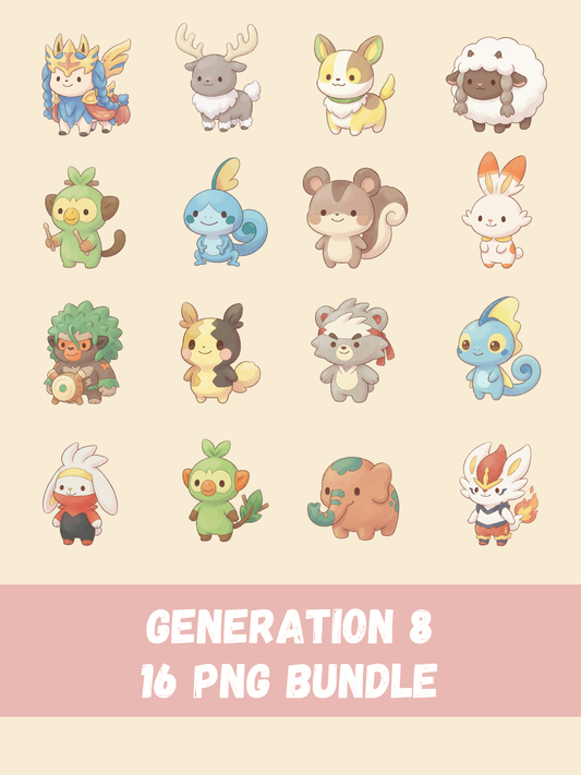 Popular Gen 8 Pokémon PNG Pack, 16 Fan Favorite Galar Pokémon, Chibi Cute Kawaii Clipart, Anime PNG, Digital Download