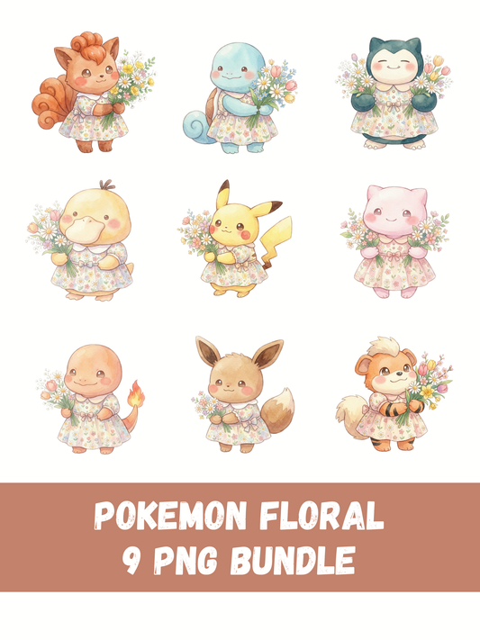Gen 1 Spring Pokémon PNG Bundle, Floral Dress Pokémon Clipart, Watercolor Kawaii Spring PNG, Flower Bouquet Digital Download