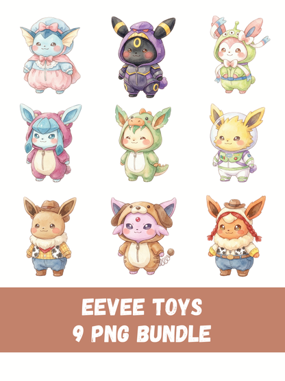 Eeveelutions Toy Costumes PNG Pack, 9 Eevee Evolutions, Chibi Kawaii Clipart, Cute Toy Outfits, Digital Download
