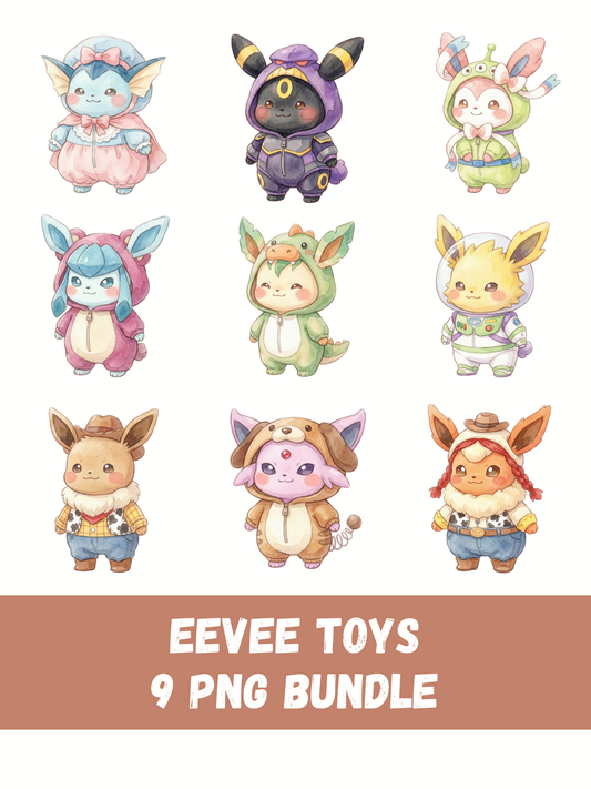 Eeveelutions Toy Costumes PNG Pack, 9 Eevee Evolutions, Chibi Kawaii Clipart, Cute Toy Outfits, Digital Download