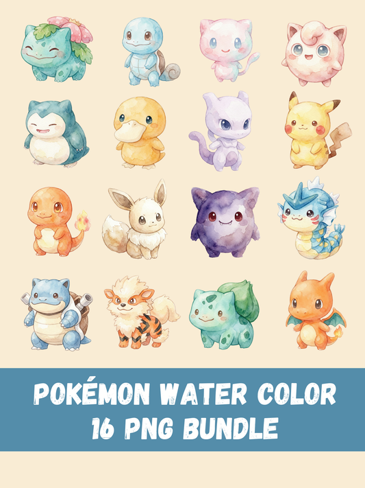 Watercolor Pokémon PNG Bundle, 16 Cute Kawaii Clipart Designs, Anime Watercolor Digital Download, Sublimation Sticker Art, Instant Download