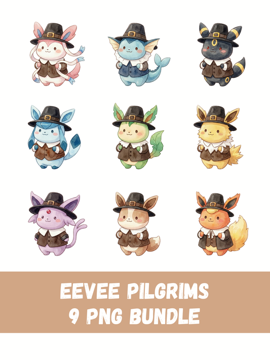 Eeveelutions Pilgrims PNG Bundle, Thanksgiving Outfit Pokémon Clipart, Cute Watercolor Kawaii Fall PNG, Digital Download