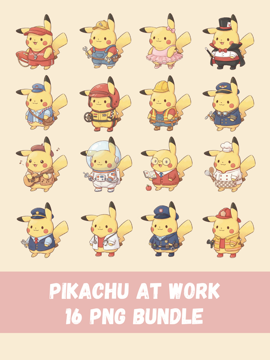 Pikachu At Work PNG Pack, 16 Pikachu Jobs, Chibi Cute Kawaii Clipart, Occupation Outfits, Anime PNG, Digital Download