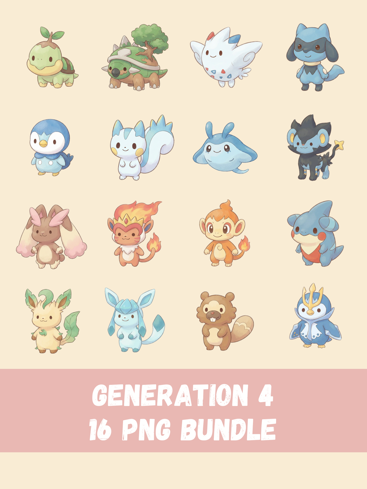 Popular Gen 4 Pokémon PNG Pack, 16 Fan Favorite Sinnoh Pokémon, Chibi Cute Kawaii Clipart, Anime PNG, Digital Download