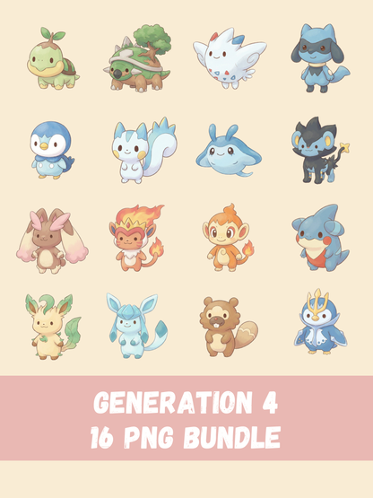 Popular Gen 4 Pokémon PNG Pack, 16 Fan Favorite Sinnoh Pokémon, Chibi Cute Kawaii Clipart, Anime PNG, Digital Download