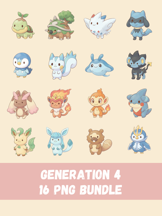 Popular Gen 4 Pokémon PNG Pack, 16 Fan Favorite Sinnoh Pokémon, Chibi Cute Kawaii Clipart, Anime PNG, Digital Download