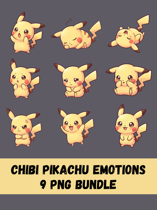 Pikachu Chibi Emotion Pokemon PNG Bundle, 9 Cute Pikachu Expressions, Kawaii Pokémon Clipart, Digital Download