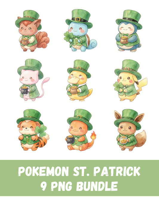Gen 1 St Patrick’s Day Pokémon PNG Bundle, Leprechaun Pokémon Clipart, Watercolor Kawaii Shamrock PNG, Irish Holiday Digital Download