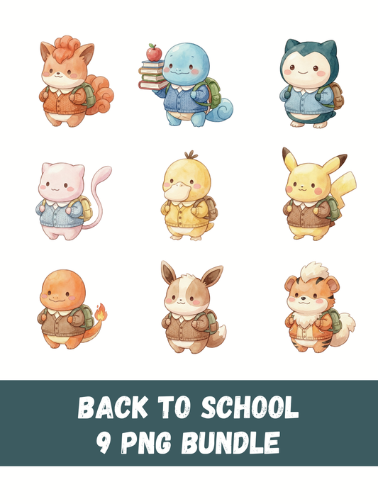 Gen 1 Back To School PNG Bundle, 16 Popular Pokémon Clipart, Cute Watercolor Kawaii School PNG, Digital Download